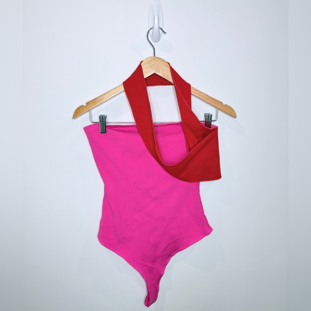 Naked Wardrobe Off The Shoulder One Sleeve Thong Ribbed Pink Bodysuit